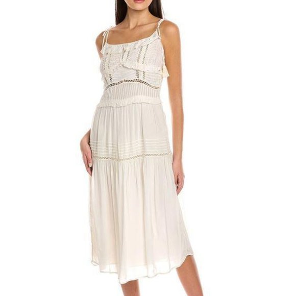 Sea New York Poppy Pintuck Sleeveless Midi Dress Lace Ivory Ruffle XS New